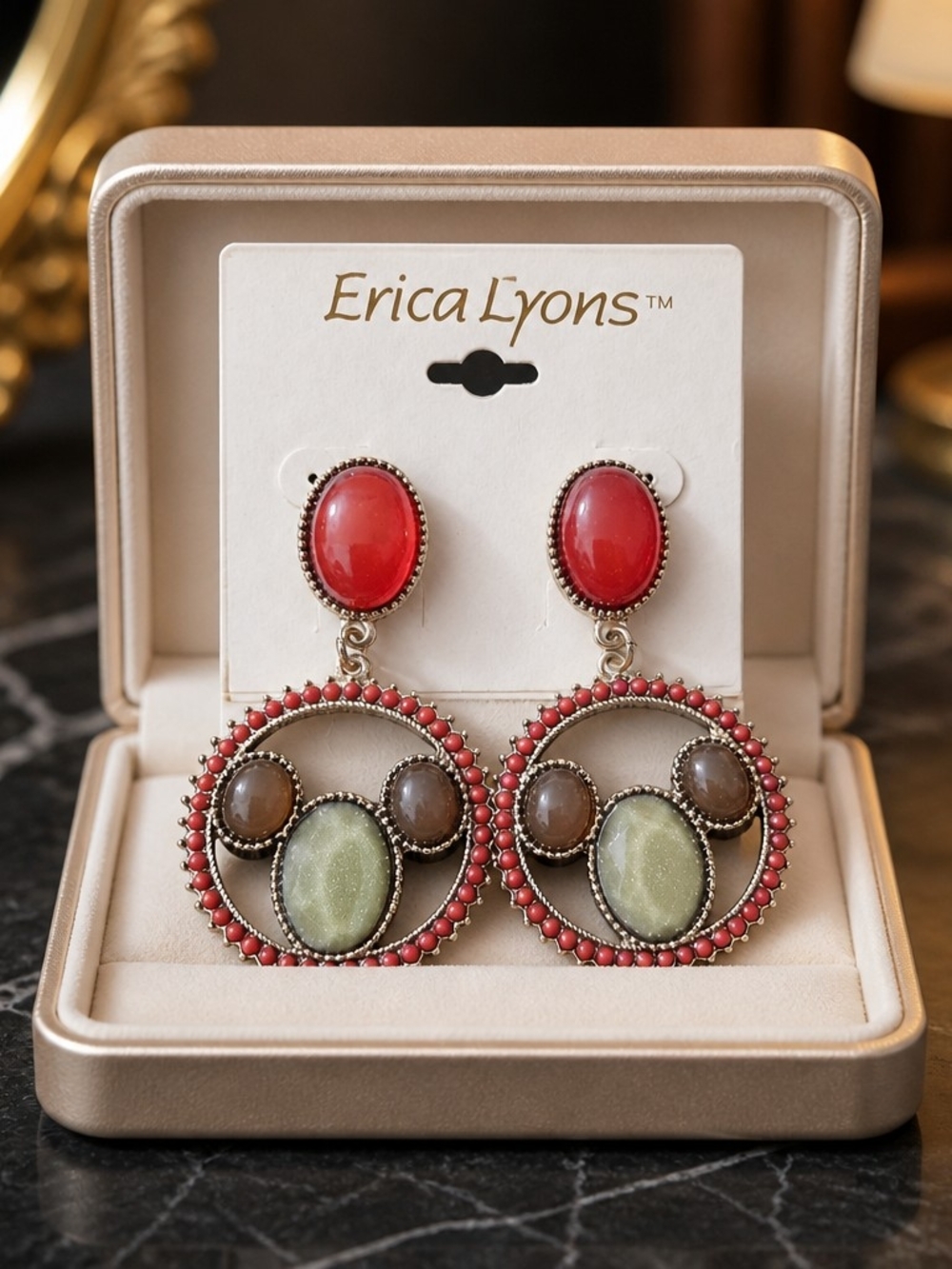 Erica Lyons Red, Olive & Taupe Beaded Drop Earrings